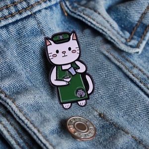 Barista Cat Pin, Starbucks Coffee brooch, pins for backpacks or clothing